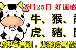 5月25日牛、猴、龍、虎、豬、鼠！被財神爺眷顧，賺錢機會增多！