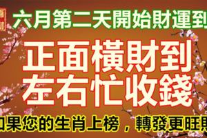 六月第二天開始財運到，正面橫財到，左右忙收錢，如果您的生肖上榜，轉發更旺財！