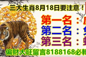 三大生肖8月18日要注意！第一名：虎。第二名：兔。第三名：蛇。偏財大旺留言8188168必轉！