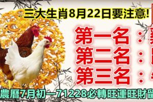 三大生肖8月22日要注意!第一名：雞。第二名：鼠。第三名：牛。農曆7月初一71228必轉旺運旺財留言!