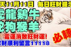 今天11月11日,每日旺財提示：虎龍雞牛，蛇狗猴羊。黴運消散旺財運！求財順利留言11118必轉！