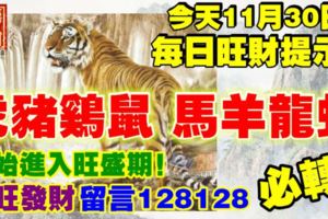 今天11月30日,每日旺財提示：虎豬雞鼠，馬羊龍蛇。開始進入旺盛期！興旺發財留言128128必轉！