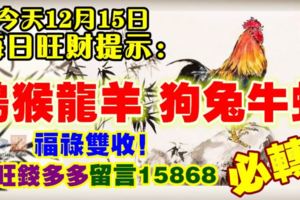 今天12月15日,每日旺財提示：雞猴龍羊，狗兔牛蛇。福祿雙收！財旺錢多多留言15868必轉！