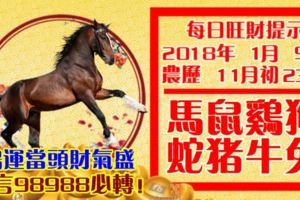 今天1月9日,每日旺財提示：馬鼠雞狗，蛇豬牛兔。鴻運當頭財氣盛！留言98988必轉！