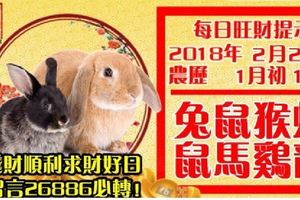 今天2月26日,每日旺財提示：兔鼠猴蛇，鼠馬雞龍。錢財順利求財好日！留言26886必轉！