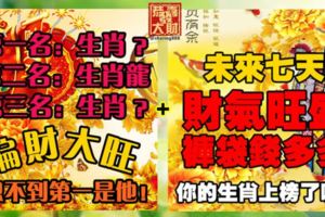 第一名：生肖？，第二名：生肖龍，第三名：生肖？偏財大旺！想不到第一是他！+未來七天財氣旺盛，褲袋錢多多！你的生肖上榜了嗎？