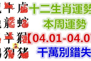 十二生肖運勢：本周運勢【04.01-04.07】千萬別錯失！