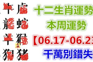 十二生肖運勢：本周運勢【06.17-06.23】千萬別錯失！