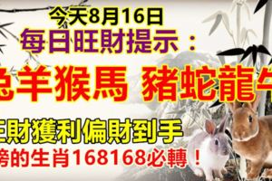 今天8月16日。每日旺財提示：兔羊猴馬，豬蛇龍牛。每日必看！正財獲利偏財到手。上榜的生肖168168必轉！