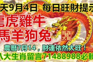 今天9月4日：每日旺財提示：龍虎雞牛，馬羊狗兔。農曆7月14，財運依然大旺！八大生肖留言71488988必轉！