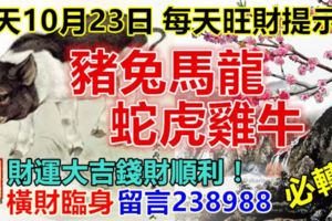 今天10月23日，每天旺財提示：豬兔馬龍，蛇虎雞牛。財運大吉錢財順利！橫財臨身留言238988必轉！