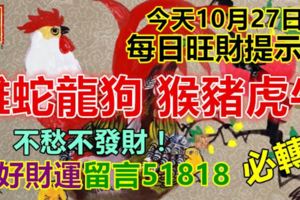 今天10月27日,每日旺財提示：雞蛇龍狗，猴豬虎牛。不愁不發財！要好財運留言51818必轉！