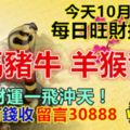 今天10月30日,每日旺財提示：蛇馬豬牛，羊猴龍雞。財運一飛沖天！雙手有錢收留言30888必轉！