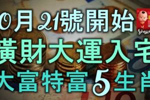 10月21號開始，橫財大運入宅，大富特富不差錢的5生肖！