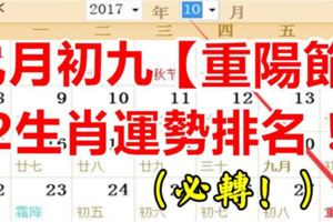 農曆九月初九重陽節，10月28號生肖運勢排名