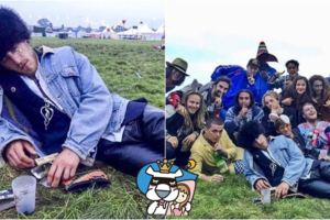 參加音樂祭睡翻！英國男子「怪異睡姿」引注目被60人包圍大合照還不醒：太會睡了吧！