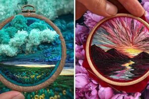 針線就是她的畫筆　正妹創作「刺繡版油畫」完美融合自然背景