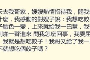 去哥嫂家玩，嫂子熱情地問我想吃什麼？我說想吃「餃子」，沒想到她竟扇了我一巴掌！哥哥知道後臉都綠了！.....