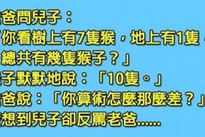 老爸問兒子總共有幾隻猴的數學題，原以為兒子算術差，沒想到老爸卻被一句話狠打臉！