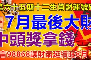 第六十五期十二生肖財運號碼。7月最後大財，中頭獎拿錢。留言98868讓財氣延續旺8月。