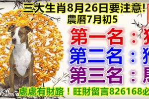 三大生肖8月26日要注意!第一名：狗。第二名：猴。第三名：馬。處處有財路！旺財留言826168必轉!