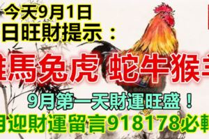 今天9月1日：每日旺財提示：雞馬兔虎，蛇牛猴羊。9月第一天財運旺盛！9月迎財運留言918178必轉！