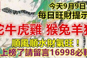 今天9月9日：每日旺財提示：蛇牛虎雞，猴兔羊狗。順風順水財氣旺！你上榜了請留言16998必轉！