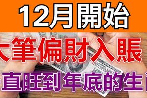 12月開始，大筆偏財入賬，一直旺到年底的3個生肖！