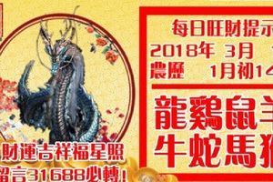 今天3月1日,每日旺財提示：龍雞鼠羊，牛蛇馬猴。財運吉祥福星照！留言31688必轉！