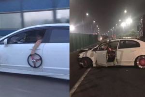 小屁孩地拔掉方向盤開車「在馬路上蛇行」耍帥，但幾分鐘後他從此再也不敢這樣玩了！