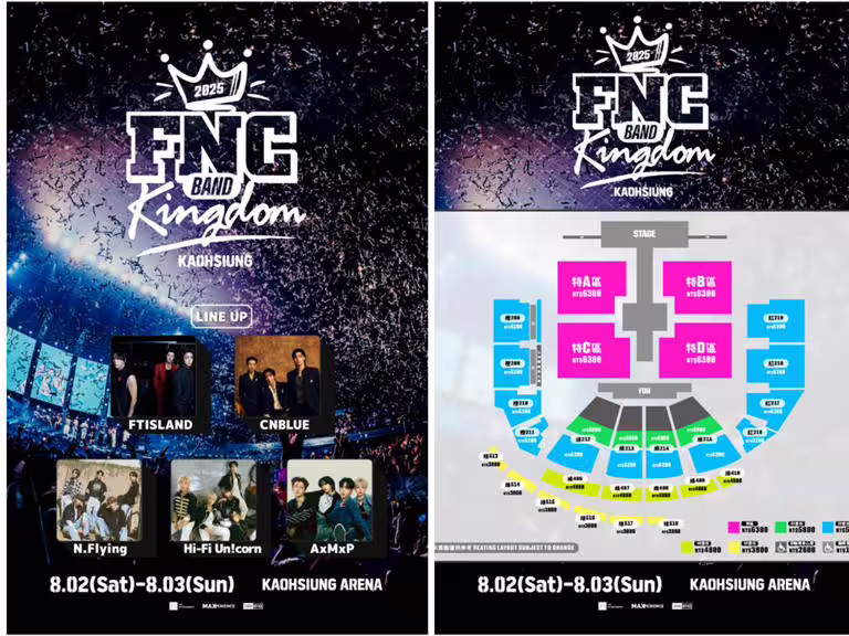 「2025 FNC BAND KINGDOM IN KAOHSIUNG」演出陣容和票價圖。(SHOWOFFICE提供) 「2025 FNC BAND KINGDOM IN KAOHSIUNG」演出陣容和票價圖。(SHOWOFFICE提供)