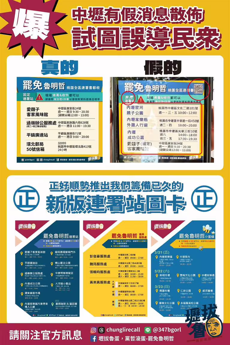 罷團指出，該份錯誤圖卡上的地點與時間幾乎全錯，時間甚至剛好錯開，質疑有人散播錯誤資訊。（圖／翻攝自壢拔魯蛋Threads）