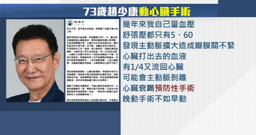 心臟停3時！瓣膜關不緊開刀 趙少康：死而復生