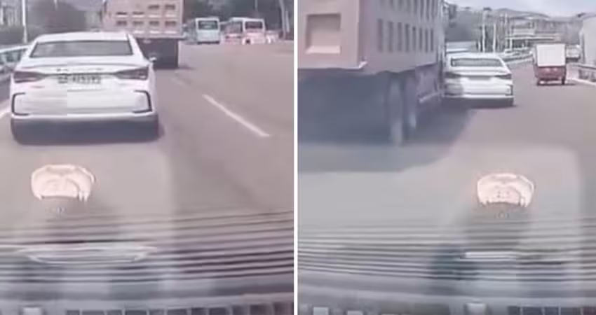 汽車硬摃砂石車　強行超車遭擠扁