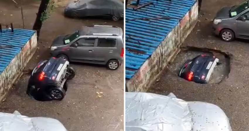 汽車突然「消失」　掉入坑中慘遭淹沒