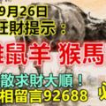 今天9月26日，每天旺財提示：牛雞鼠羊，猴馬豬兔。黴運消散求財大順！旺財旺相留言92688必轉！