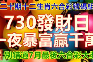 第二十期十二生肖六合彩號碼組合！730發財日，一夜暴富贏千萬。別錯過7月最後六合彩大獎。