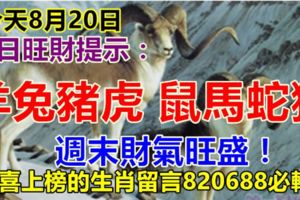 今天8月20日：每日旺財提示：羊兔豬虎，鼠馬蛇猴。週末財氣旺盛！恭喜上榜的生肖留言820688必轉！