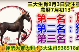 三大生肖9月3日要注意!第一名：馬。第二名：猴。第三名：牛。運勢大吉大利！3大生肖938518必轉!