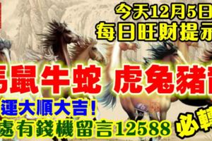 今天12月5日,每日旺財提示：馬鼠牛蛇，虎兔豬龍。財運大順大吉！處處有錢機留言12588必轉！