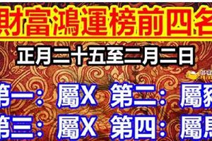 正月二十五至二月二日，位於財富鴻運榜前四名的生肖