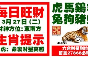 今天3月27日,每日旺財生肖提示：虎馬雞羊，兔狗豬蛇。六合財星到位！留言27868必轉！