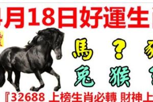4月18日好運生肖，天天好運接財神！【馬+？+豬+兔+猴+？】『32688上榜生肖必轉財神上門』