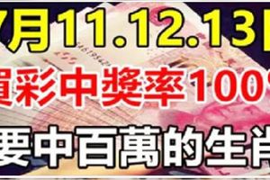 7月11.12.13日，3天裡買彩中獎率100%，要中百萬的生肖