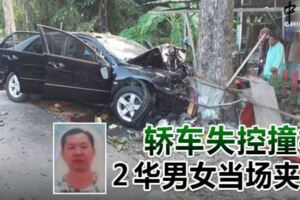 轎車失控撞樹2華男女當場夾斃