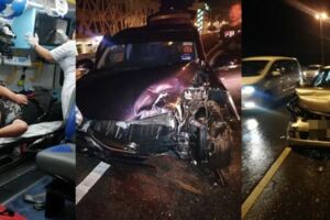 雨夜路滑7車連環撞3人掛彩送醫，1輛靈鹿轎車剎車不及Alza車子，導致Alza車180度旋轉