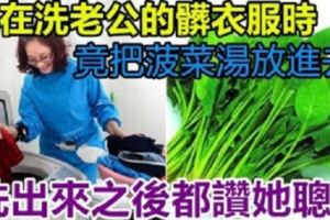 她在洗老公的髒衣服時，竟把菠菜湯放進去，大家都覺得驚奇，洗出來之後，都稱讚她聰明！