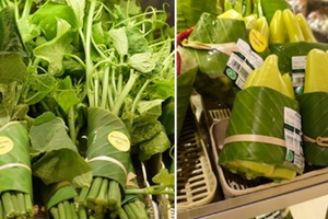 出奇招救地球！越南超市「用香蕉葉取代塑膠袋」　一字排開「蔬菜精緻包裝景象」被讚翻：台灣該跟進