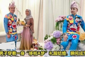 【史上最Chio結婚禮服！】大馬男子穿著一身「哆啦A夢」禮服結婚，瞬間成為焦點！