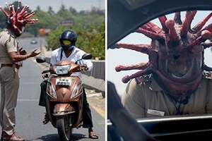 印度警察戴「冠狀病毒盔」勸民眾回家　網一看笑翻：會不會有人特地跑出門看它？